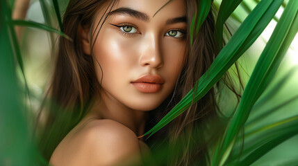 Fototapeta premium Portrait of beautiful woman with shadows of palm leaf on face. Fashion shot of young asian female.