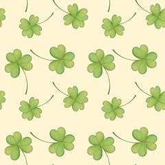 hand drawn watercolor illustration with four-leaf clover background. symbol of good luck, the Irish holiday of St. Patrick's Day on March 17th. seamless pattern
