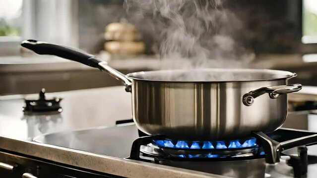 A pot of boiling water standing on a gas stove, the bubbling water rising up with steam dissipates into the air. Generative AI
