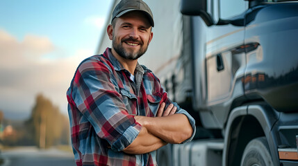 Happy Confident Truck Driver Standing Proudly in Front of His Vehicle