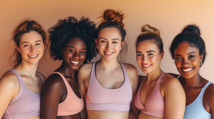 Obraz premium Beauty, diversity and portrait of women happy with makeup for cosmetic skincare isolated in studio brown background.