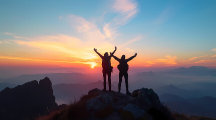 Silhouettes of Two People with Arms Raised on Mountain Top at Sunrise