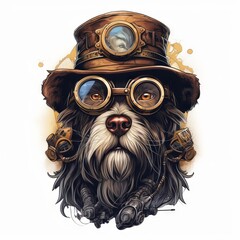 Steampunk dog with goggles and hat illustration for T-shirt or poster design - obrazy, fototapety, plakaty
