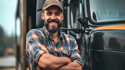 Professional Driver Standing Confidently Next to His Parked Truck - obrazy, fototapety, plakaty