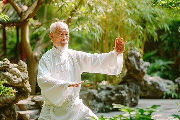 A senior man practicing tai chi in a serene garden, embodying balance, inner peace