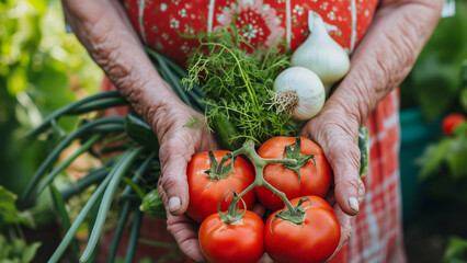 An old woman's hands hold a freshly opened vegetables in her hands. - obrazy, fototapety, plakaty