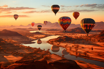 Obraz premium Colorful hot air balloons flying over landscape. Sky adventure travel.