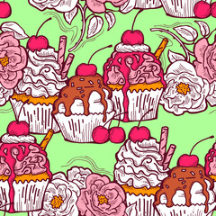 Tasty sweet cupcake dessert decorative seamless vector pattern for textile design, fabric print, digital or wrapping, wall paper, background and backdrop, bakery shop decoration, cafe, restaurant menu
