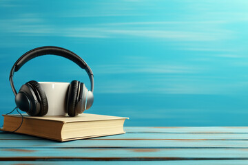 cup of coffee, old book and headphones on blue wooden background