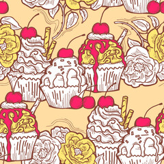 Tasty sweet cupcake dessert decorative seamless vector pattern for textile design, fabric print, digital or wrapping, wall paper, background and backdrop, bakery shop decoration, cafe, restaurant menu