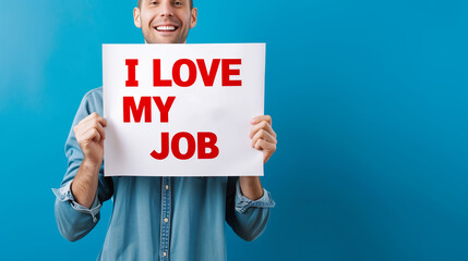 person holding small poster. I love my job