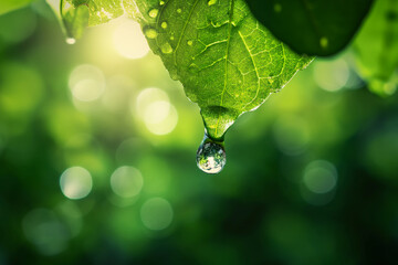 A water droplet about to fall from a green leaf. generative AI