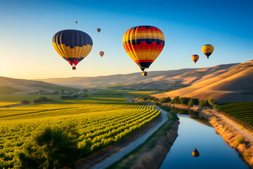 Obraz premium Colorful hot air balloons flying over landscape. Sky adventure travel.