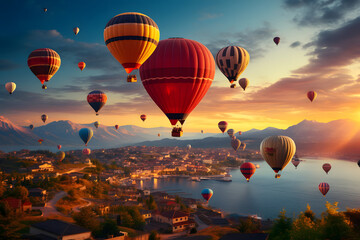Fototapeta premium Colorful hot air balloons flying over landscape. Sky adventure travel.