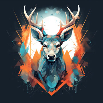 watercolour illustration of a deer's head on black background.
