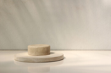 mock up, free space gray background for presentation show product cosmetic display, podium, stage pedestal or platform with beautiful lights and shadows from windows