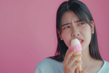 Face expression suffering from sensitive teeth and cold, asian young woman, girl hand touching her cheek, feeling hurt, pain eating ice cream, toothache, dental problem