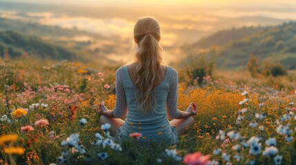 stock photo close up backview of woman practicing yoga in mountains surrounded by flowers, atmospheric, light fog, beautiful morning sunrise light 