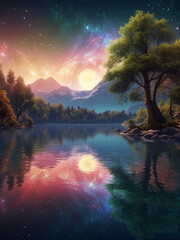 A Sunset Journey Over a Lakeside Landscape with Water, Trees, and the Universe