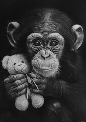 Black and white portrait of a chimpanzee holding a small teddy bear emphasizes tender emotions.