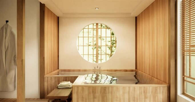 Wooden onsen Japan bathroom modern Onsen minimal style .3D rendering