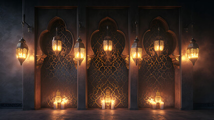 Islamic Lentern on dark, beutiful lighting 3d rendering illustration, eid mubarak background. - obrazy, fototapety, plakaty