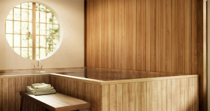 Wooden onsen Japan bathroom modern Onsen minimal style .3D rendering