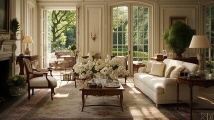 Timeless living room, ivory French doors, mahogany furniture, a polished wooden coffee table on a plush Persian rug.