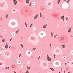 Pink flowers seamless pattern. Vector illustration with flowers and leaves on pink background.