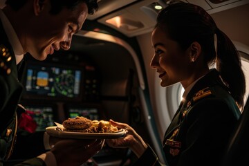 flight attendant offering food and drinks to passengers on an airplane - obrazy, fototapety, plakaty