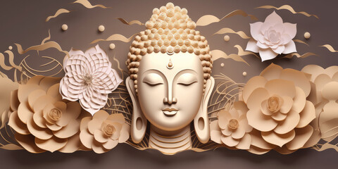 glowing golden buddha face with 3d paper cut clouds flowers, nature background, lotuses, heaven light