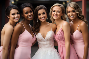 Bride with her bridesmaids dressed in pink - obrazy, fototapety, plakaty