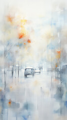 high, narrow simple watercolor background, traffic in the city cars in gray light and blue tones
