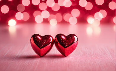 Two small red heart on a sparkling soft pink background, Valentine's Day, Christmas. Generative AI