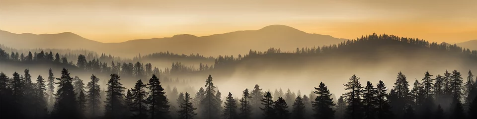 Photo sur Aluminium brossé Forêt dans le brouillard long panorama silhouettes of  the autumn fog at sunset, freedom and silence of nature wild forest in sunset colors