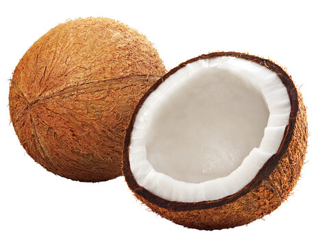 Composi&ccedil;&atilde;o com coco inteiro e coco aberto isolado em fundo transparente