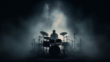 silhouette of a drummer behind a drum kit in a dark environment of stage lighting and fog - obrazy, fototapety, plakaty