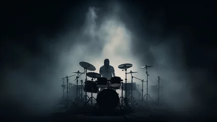 Fotobehang silhouette of a drummer behind a drum kit in a dark environment of stage lighting and fog © kichigin19
