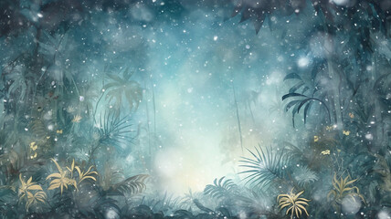 tropical rain in the jungle, watercolor drawing background light white and green tones of the rainy season