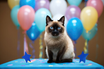 Fototapeta na wymiar A Siamese cat sits on a table adorned with a festive blue cloth and balloons in the background. Birthday party. Domestic animal health care. National Pet Day.