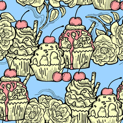 Tasty sweet cupcake dessert decorative seamless vector pattern for textile design, fabric print, digital or wrapping, wall paper, background and backdrop, bakery shop decoration, cafe, restaurant menu