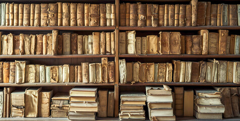 Old or damaged books shelf in an old library