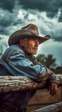 A cowboy with hat leaning on an old wooden fence