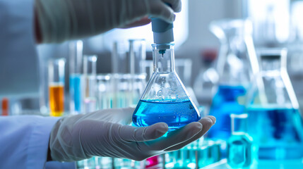 A scientist hand holding a glass container with a blue liquid in it