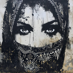 stencil art: A portrait of a mysterious figure with a veil and piercing eyes