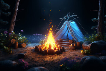 Camping Fire with Firewood neon light 3D illustration