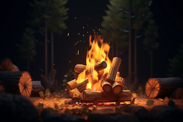 Camping Fire with Firewood neon light 3D illustration