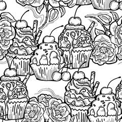 Tasty sweet cupcake dessert decorative seamless vector pattern for textile design, fabric print, digital or wrapping, wall paper, background and backdrop, bakery shop decoration, cafe, restaurant menu