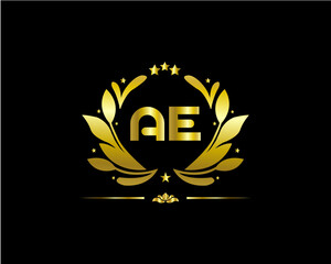 Monogram from intertwining letters AE in elegant flower frame. Baroque style. Place for text. Golden template for cafe, bars, boutiques, invitations. Logo for business. Vintage elements. Vector