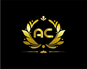 Monogram from intertwining letters AC in elegant flower frame. Baroque style. Place for text. Golden template for cafe, bars, boutiques, invitations. Logo for business. Vintage elements. Vector